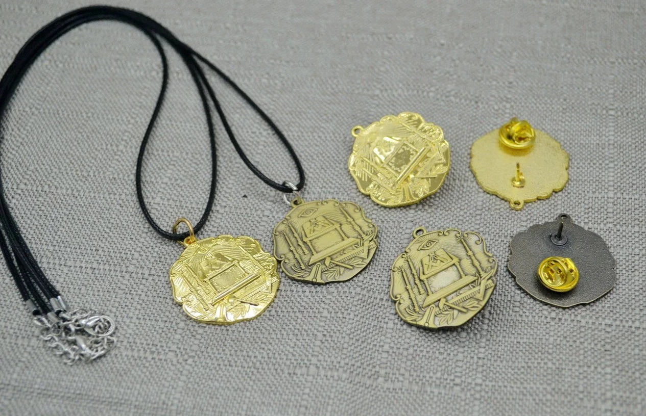 Master Mason Blue Lodge Necklace - Bronze And Gold Plated Lodge Dual-Purpose Pendant - Bricks Masons