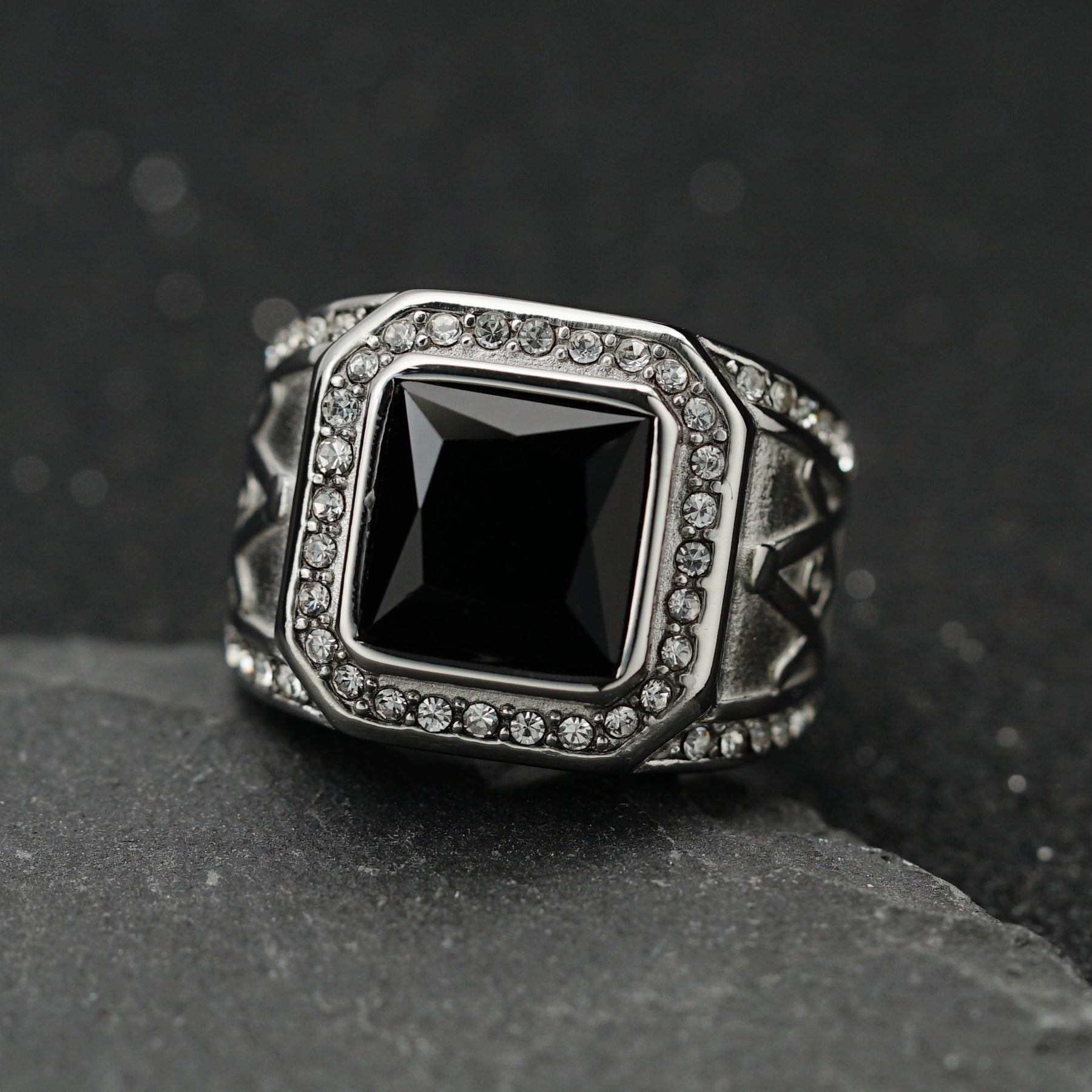 Master Mason Blue Lodge Ring - Silver Stainless Steel With Black Gemstone - Bricks Masons