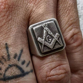 Master Mason Blue Lodge Ring - Vintage Silver Square & Compass G Adjustable - Bricks Masons