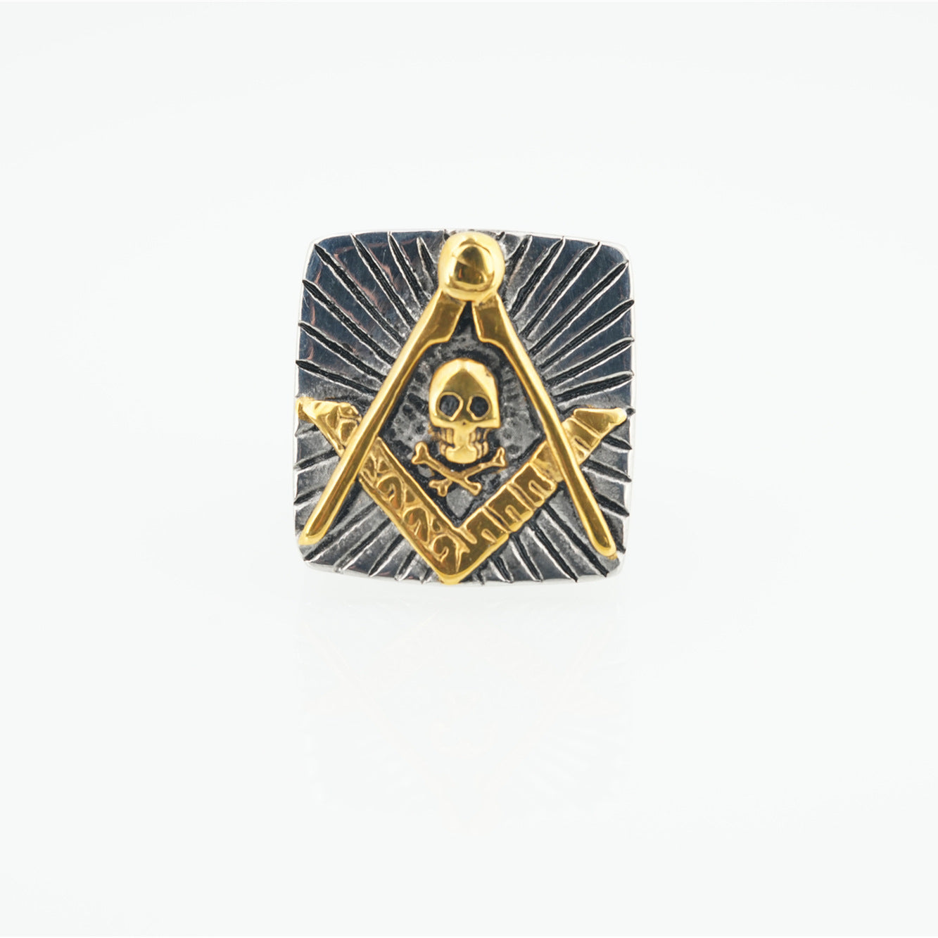 Widows Sons Ring - Silver And Gold Square & Compass With Skull Inside - Bricks Masons