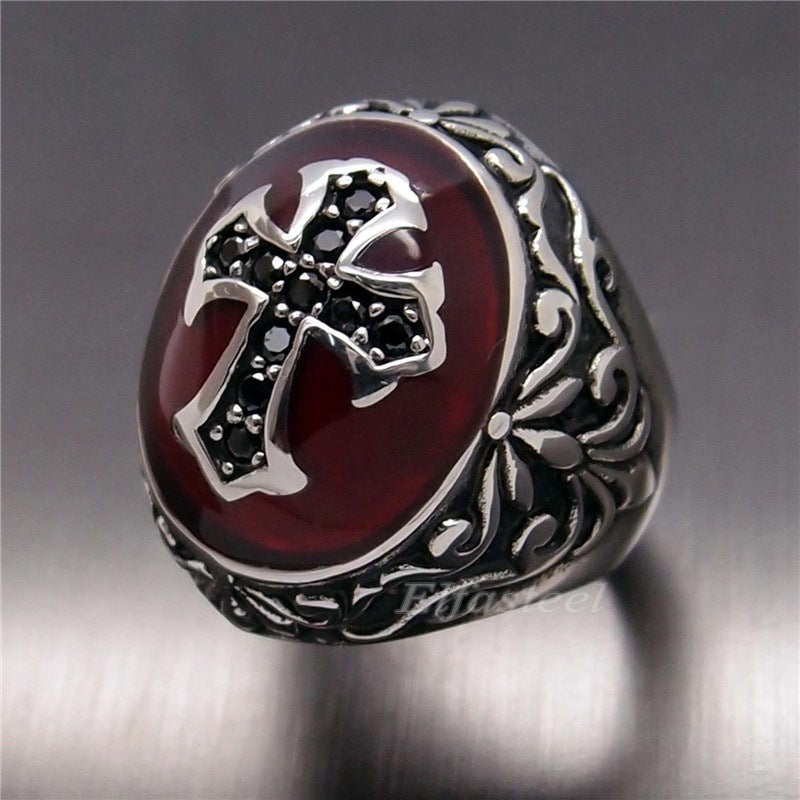 Knights Templar Commandery Ring - Red Stone With Black Cross - Bricks Masons