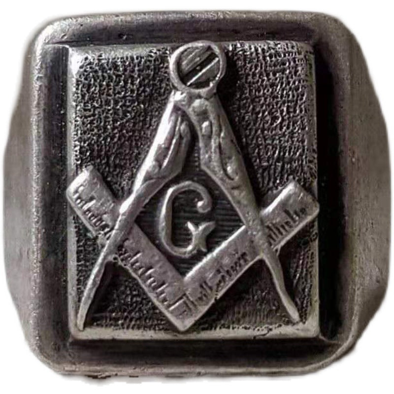 Master Mason Blue Lodge Ring - Vintage Silver Square & Compass G Adjustable - Bricks Masons