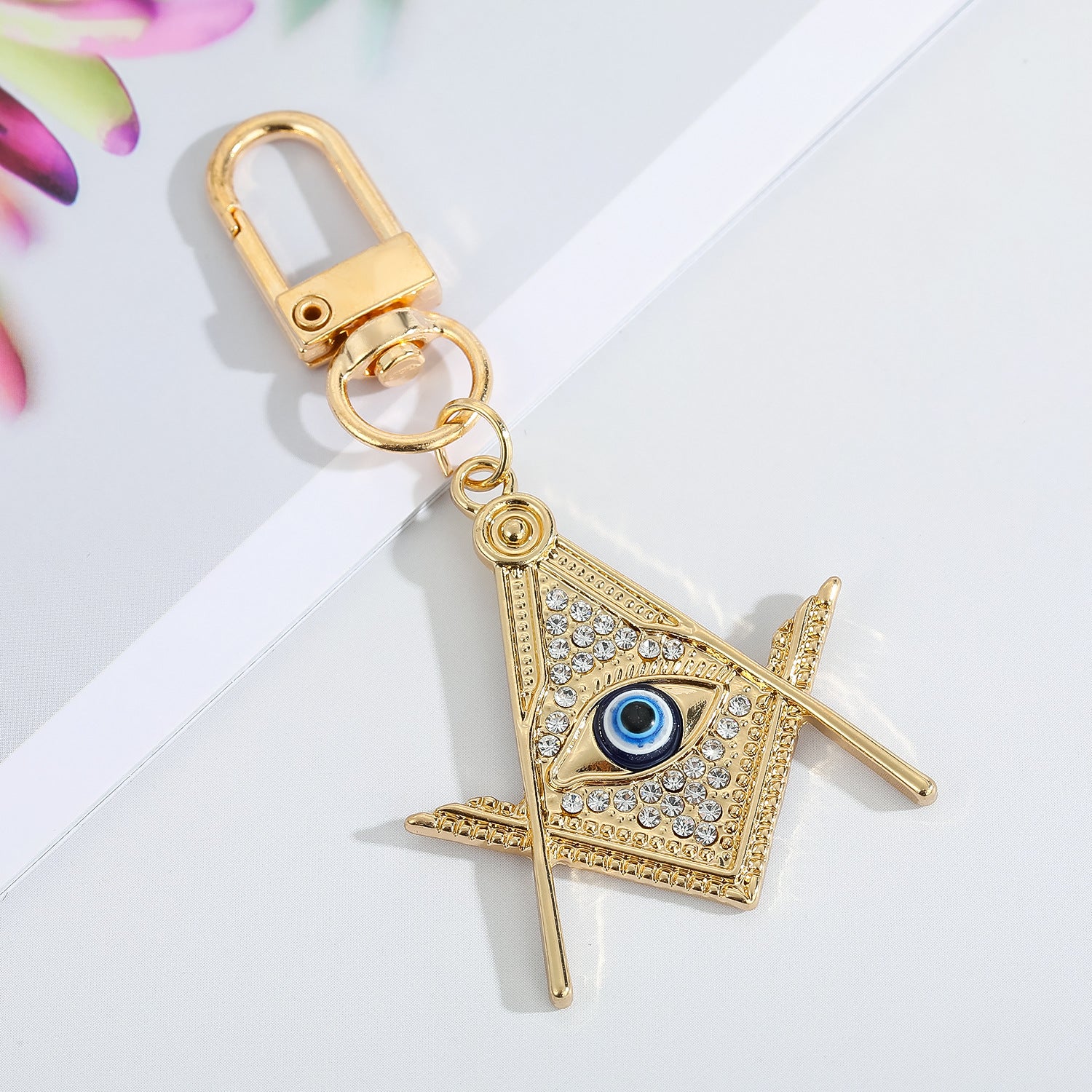 Master Mason Blue Lodge Keychain - Gold With Blue All-Seeing Eye Square & Compass - Bricks Masons