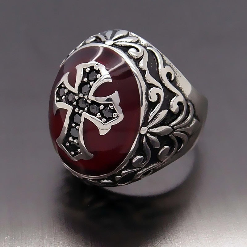 Knights Templar Commandery Ring - Red Stone With Black Cross - Bricks Masons