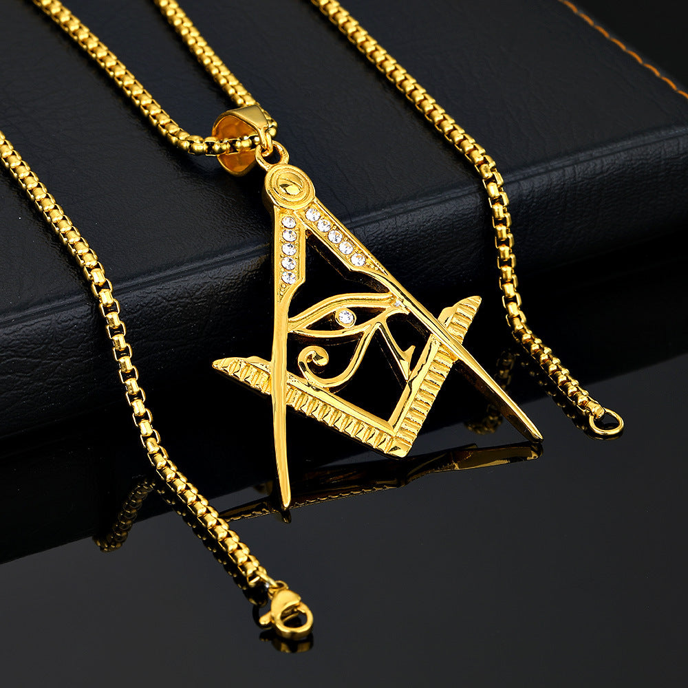 Master Mason Blue Lodge Pendant - Titanium Steel Gold Plated Square & Compass With Eye Of Horus - Bricks Masons