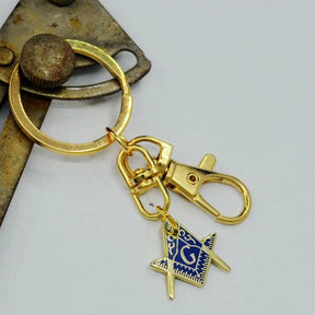Master Mason Blue Lodge Keychain - Gold And Blue Square & Compass G Pendant - Bricks Masons