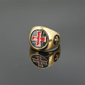 Red Cross of Constantine Ring -  Gold Titanium Steel With Red Cross - Bricks Masons