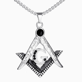 Master Mason Blue Lodge Pendant - Silver Stainless Steel Black Gemstone Square & Compass G - Bricks Masons