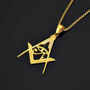 Master Mason Blue Lodge Pendant - Titanium Steel Gold Plated Square & Compass With Eye Of Horus - Bricks Masons