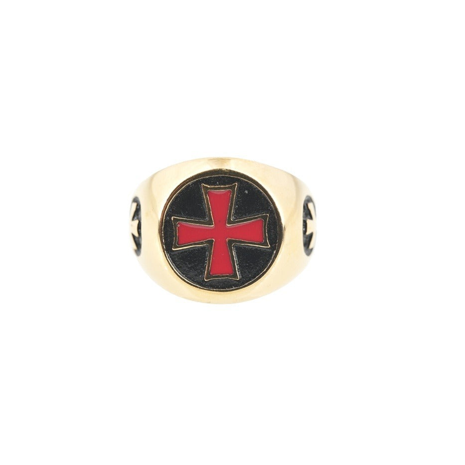 Red Cross of Constantine Ring -  Gold Titanium Steel With Red Cross - Bricks Masons