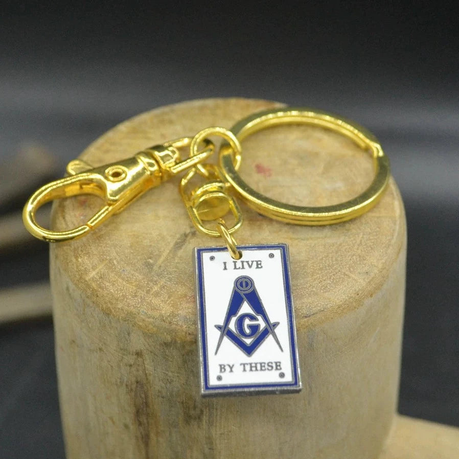 Master Mason Blue Lodge Keychain - I Live By These White And Blue Square & Compass G Pendant - Bricks Masons