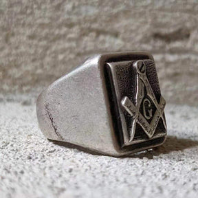 Master Mason Blue Lodge Ring - Vintage Silver Square & Compass G Adjustable - Bricks Masons