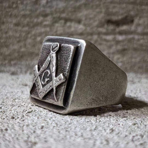 Master Mason Blue Lodge Ring - Vintage Silver Square & Compass G Adjustable - Bricks Masons