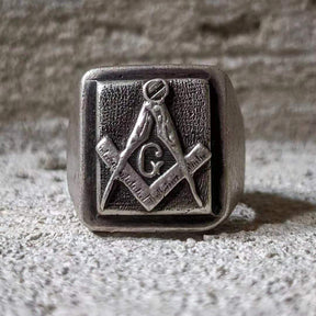 Master Mason Blue Lodge Ring - Vintage Silver Square & Compass G Adjustable - Bricks Masons