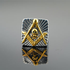 Widows Sons Ring - Silver And Gold Square & Compass With Skull Inside - Bricks Masons