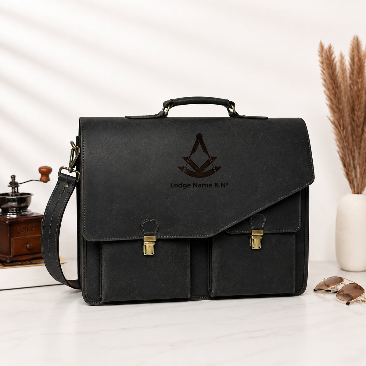 Past Master Blue Lodge Briefcase - Premium Matte Black Crazy Horse Leather
