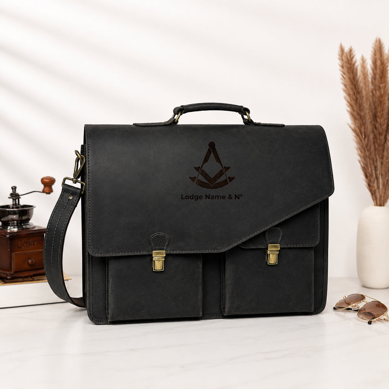 Past Master Blue Lodge Briefcase - Premium Matte Black Crazy Horse Leather