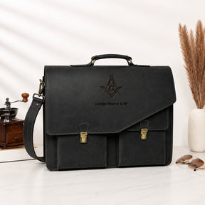 Master Mason Blue Lodge Briefcase - Premium Matte Black Crazy Horse Leather