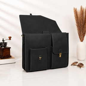 Master Mason Blue Lodge Briefcase - Premium Matte Black Crazy Horse Leather
