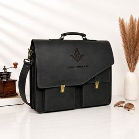 Master Mason Blue Lodge Briefcase - Premium Matte Black Crazy Horse Leather