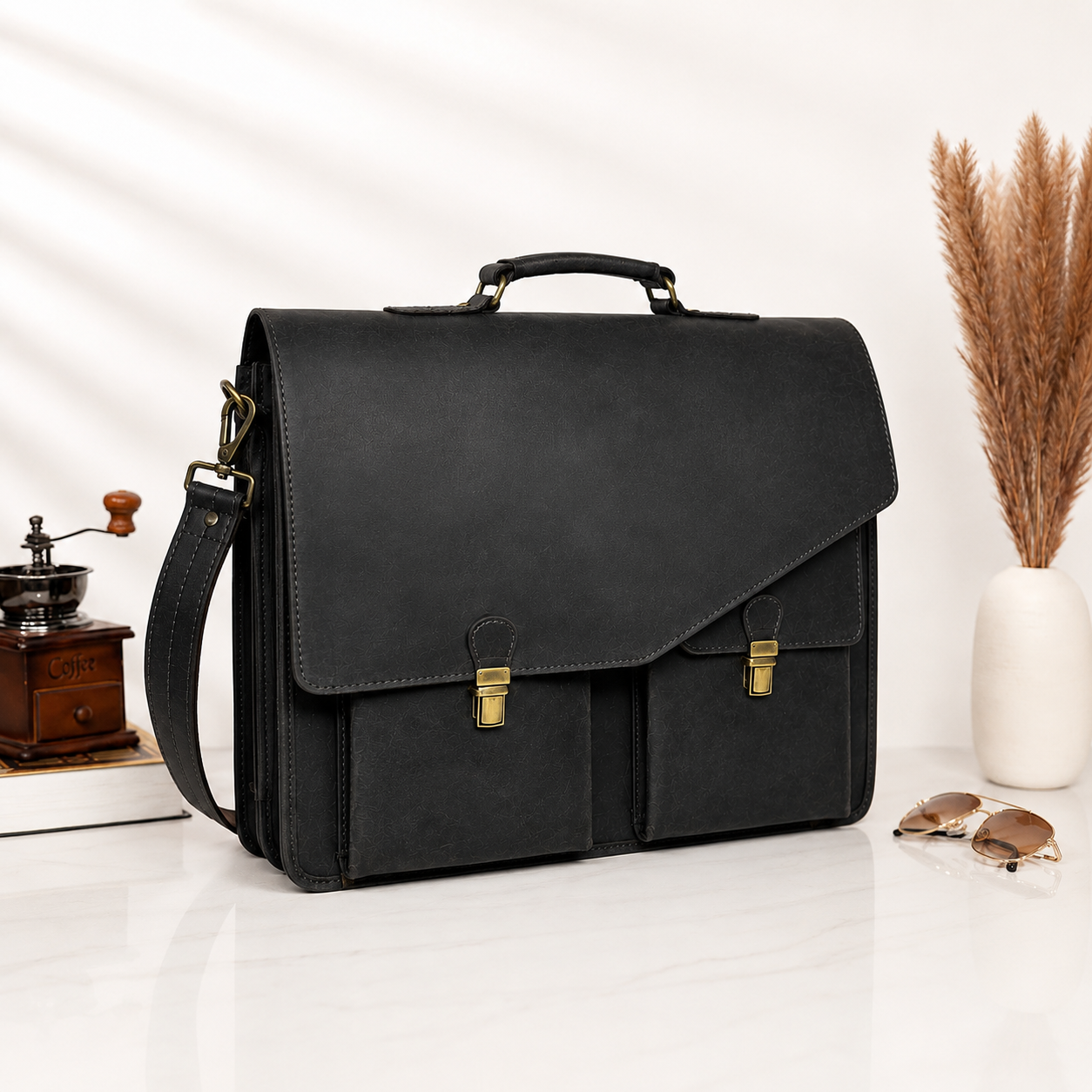 Master Mason Blue Lodge Briefcase - Premium Matte Black Crazy Horse Leather