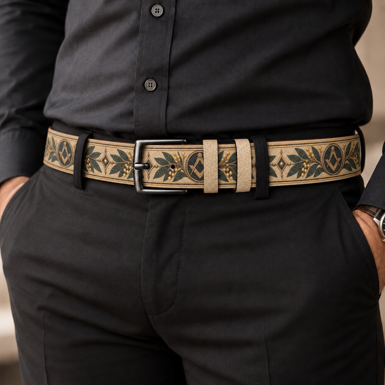 Master Mason Blue Lodge Belt - Premium Leather Gold Square & Compass With Green Acacia Leaves