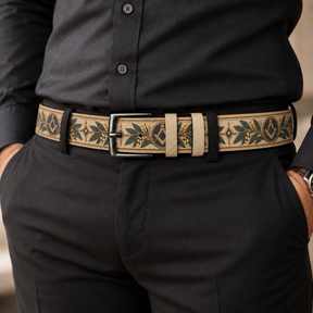 Master Mason Blue Lodge Belt - Premium Leather Gold Square & Compass With Green Acacia Leaves