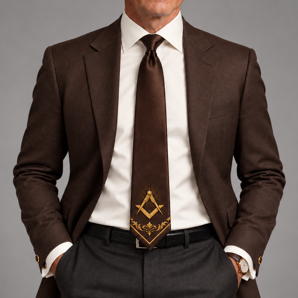 Master Mason Blue Lodge Necktie - Brown Premium Satin With Gold Square & Compass - Bricks Masons