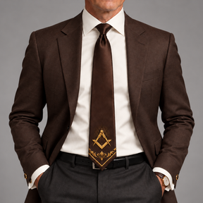 Master Mason Blue Lodge Necktie - Brown Premium Satin With Gold Square & Compass - Bricks Masons