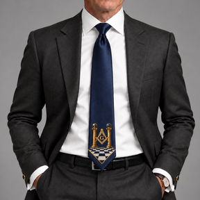 Master Mason Blue Lodge Necktie - Navy Blue Premium Satin Gold Square & Compass With Checkered Floor - Bricks Masons