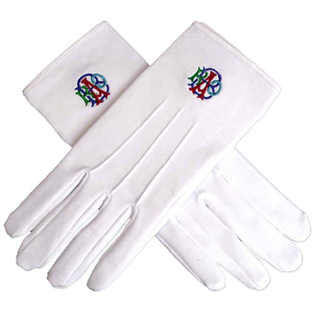 Royal Antediluvian Order of Buffaloes R.A.O.B. Gloves - White Cotton with Red, Blue & Green