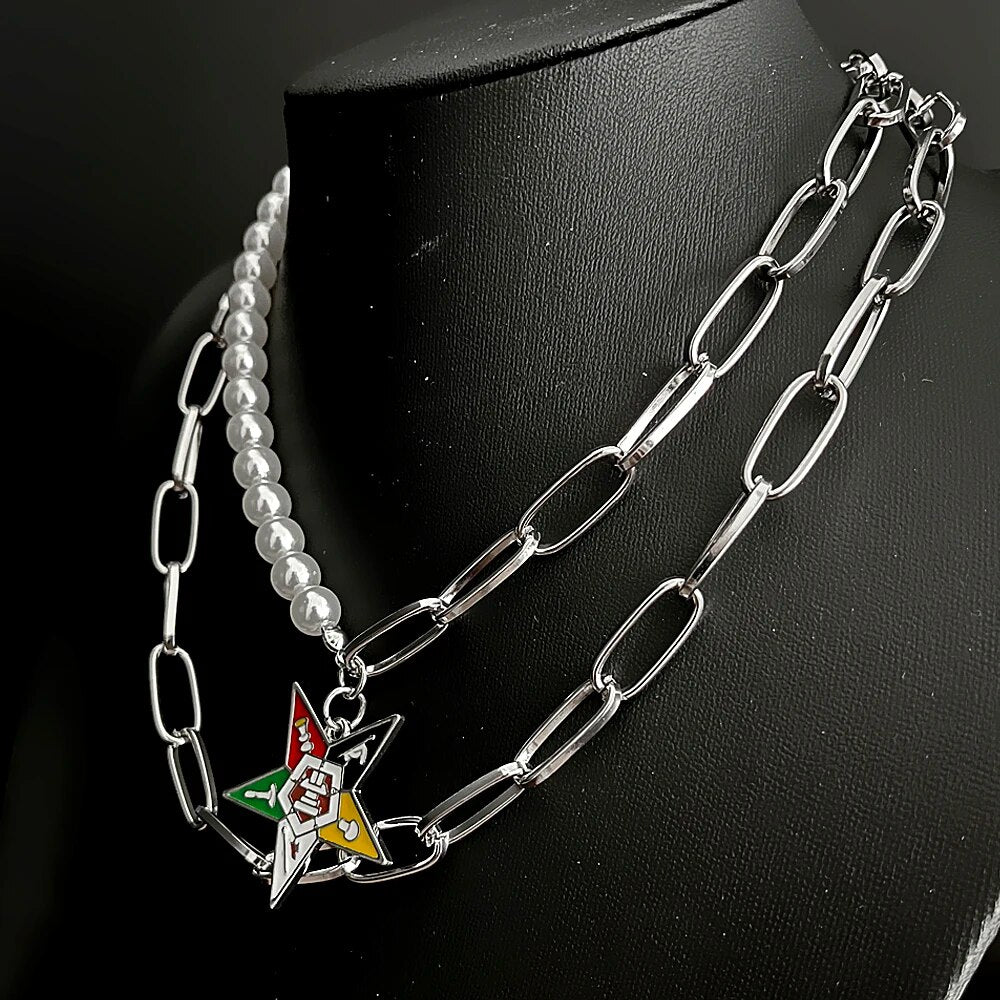 OES Necklace - Rhodium Plated With Colorful Star - Bricks Masons