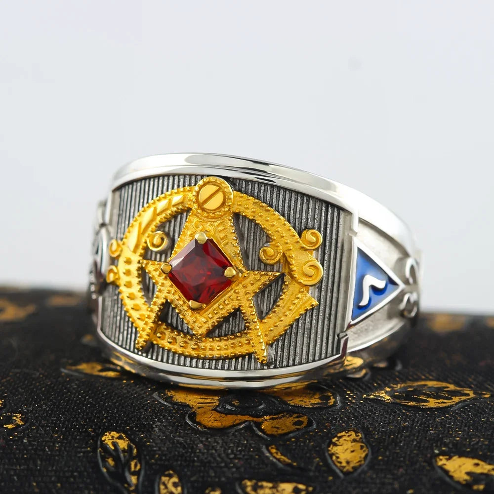 Master Mason Blue Lodge Ring - Sterling Silver Red Rhinestone - Bricks Masons