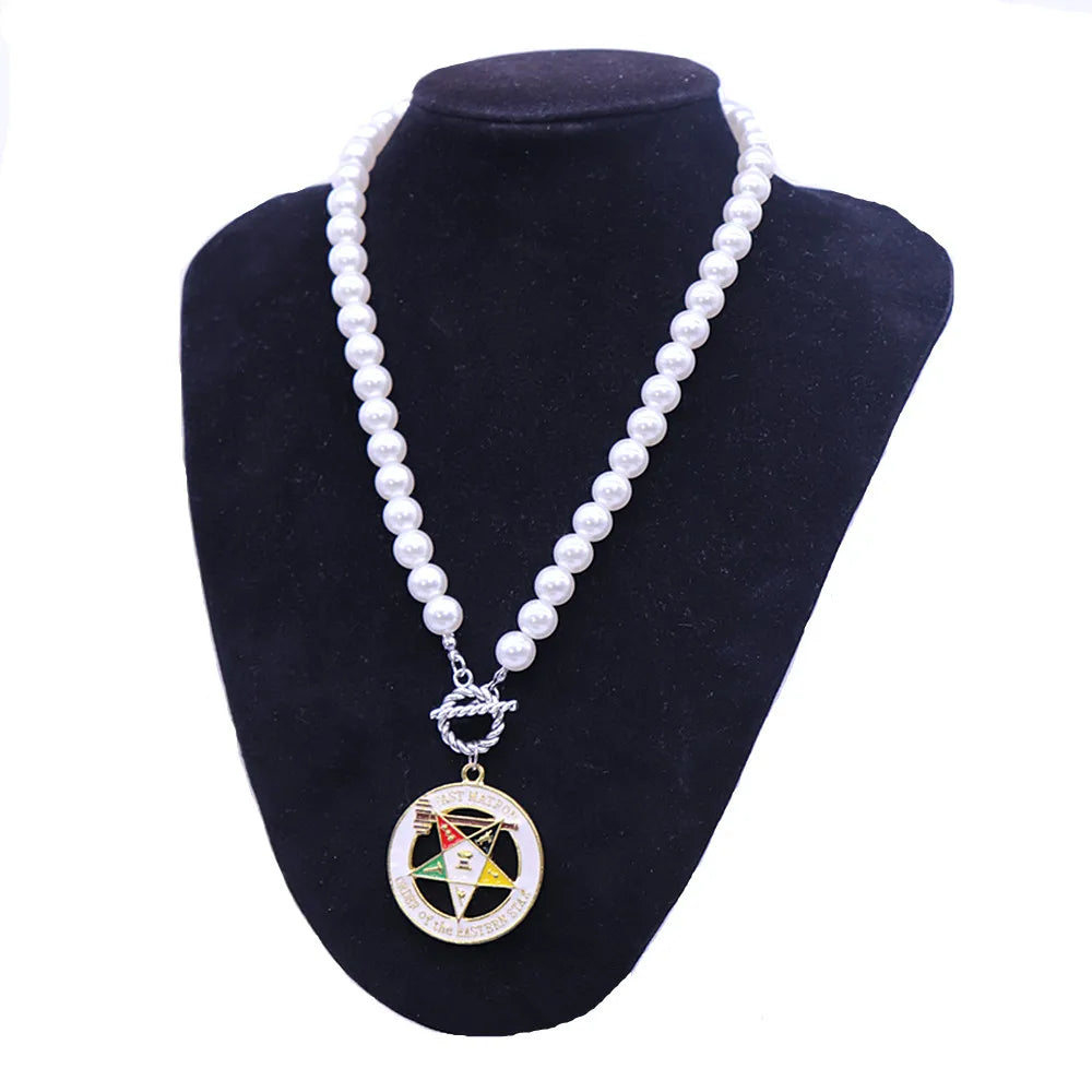 Past Matron OES Necklace -  Zinc Alloy With White Pearls - Bricks Masons