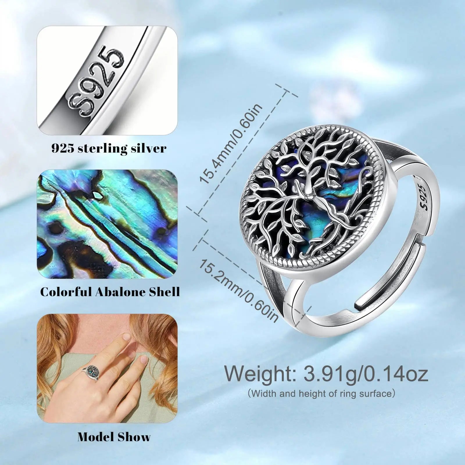 925 Sterling Silver Tree of Life Adjustable Ring f - Bricks Masons