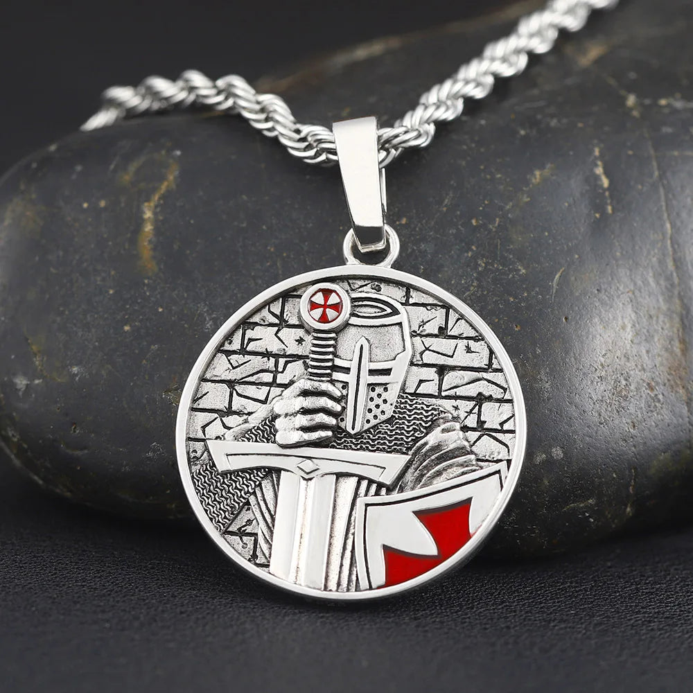 Knights Templar Necklace - Sterling Silver Shield & Sword With Red Cross
