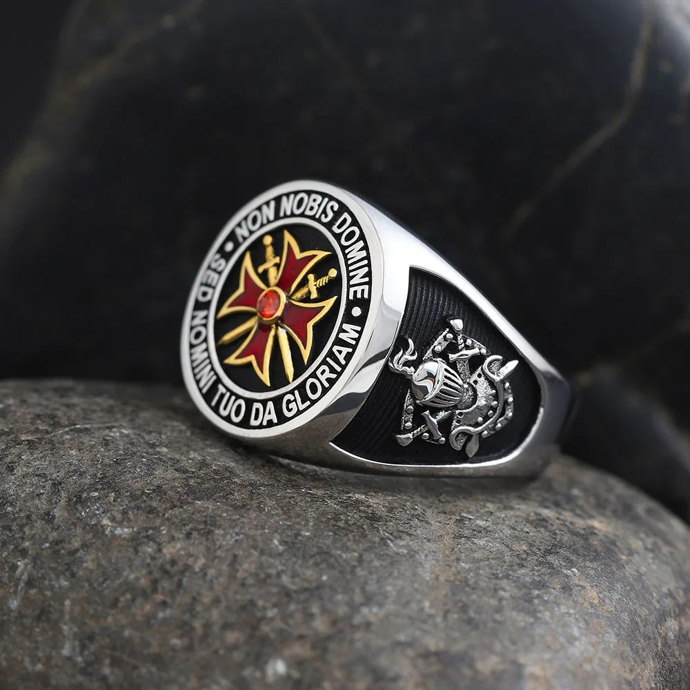 Knights Templar Ring - Cross Non Nobis Sterling Silver With Red Stone