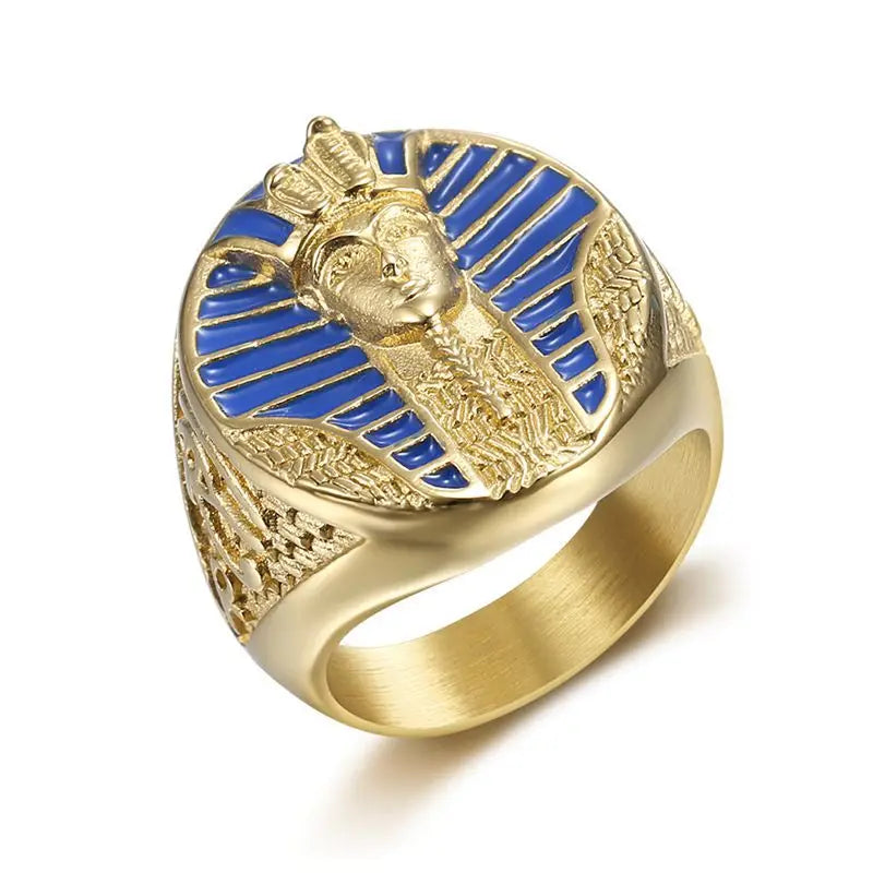 Ancient Egypt Ring - Gold & Blue Plated Pharaoh Design (Stainless Steel) - Bricks Masons
