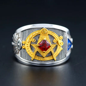 Master Mason Blue Lodge Ring - Sterling Silver Red Rhinestone - Bricks Masons