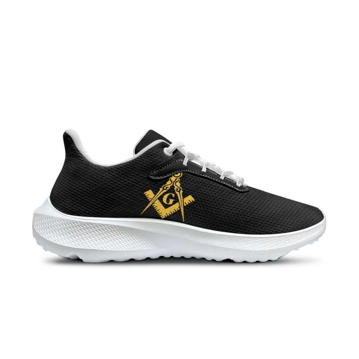 Master Mason Blue Lodge Sneakers - Black & White With Golden Square and Compass G - Bricks Masons