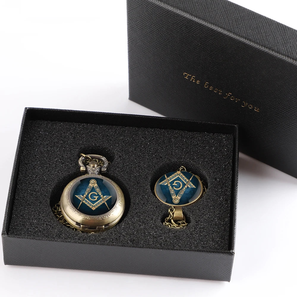 Master Mason Blue Lodge Pocket Watch - Pendant Chain Classic Design Quartz Case - Bricks Masons