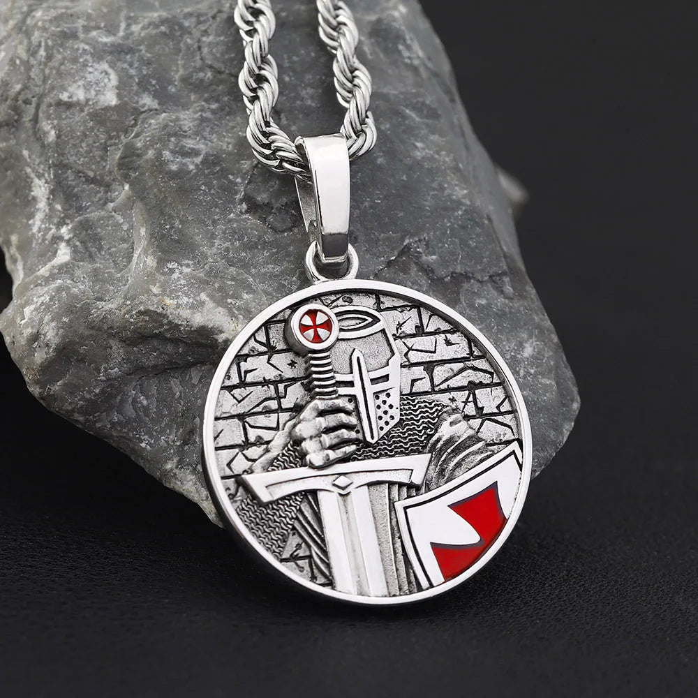 Knights Templar Necklace - Sterling Silver Shield & Sword With Red Cross