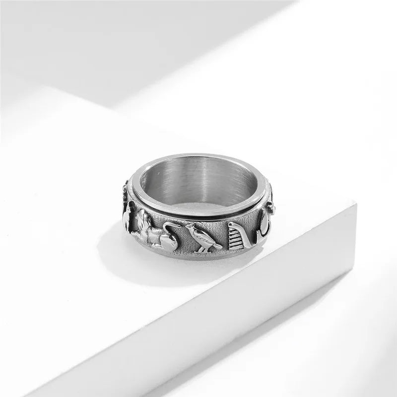 Ancient Egyptian Ring - Rotating Symbols Silver Color Stainless Steel - Bricks Masons