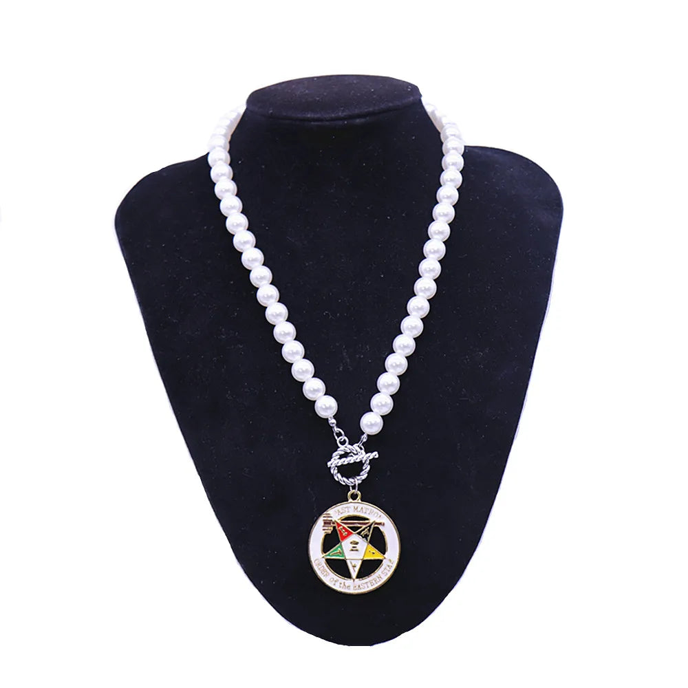 Past Matron OES Necklace -  Zinc Alloy With White Pearls - Bricks Masons