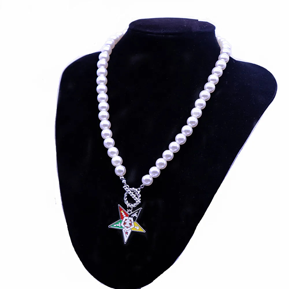 OES Necklace - White Beads With Star Charm - Bricks Masons