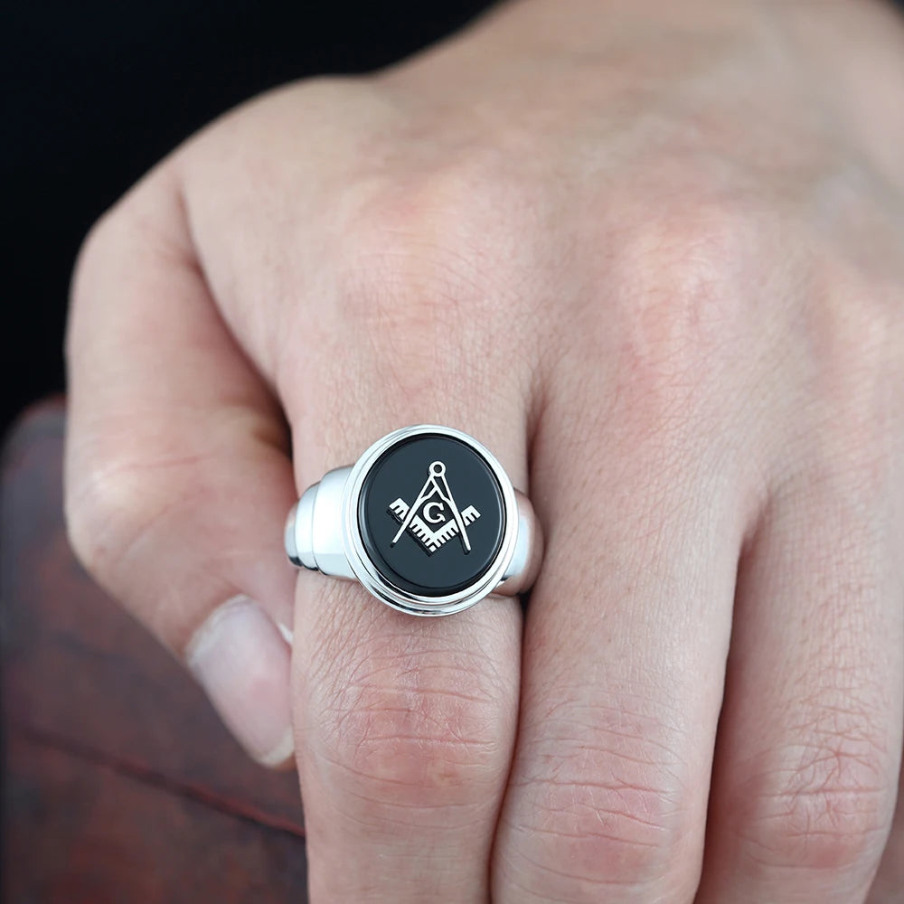 Master Mason Blue Lodge Ring - Sterling Silver With Agate Stone