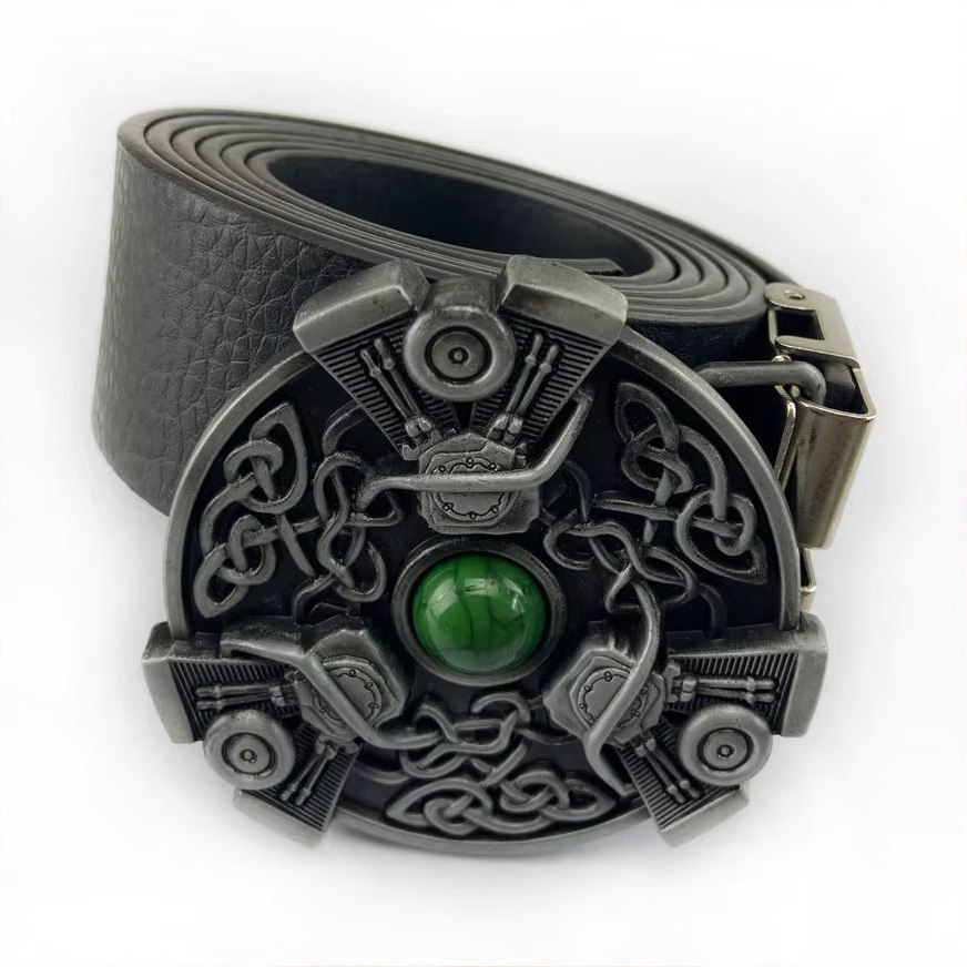 Knights Templar Belt - Celtic Knot Green Gem Black/Brown/White