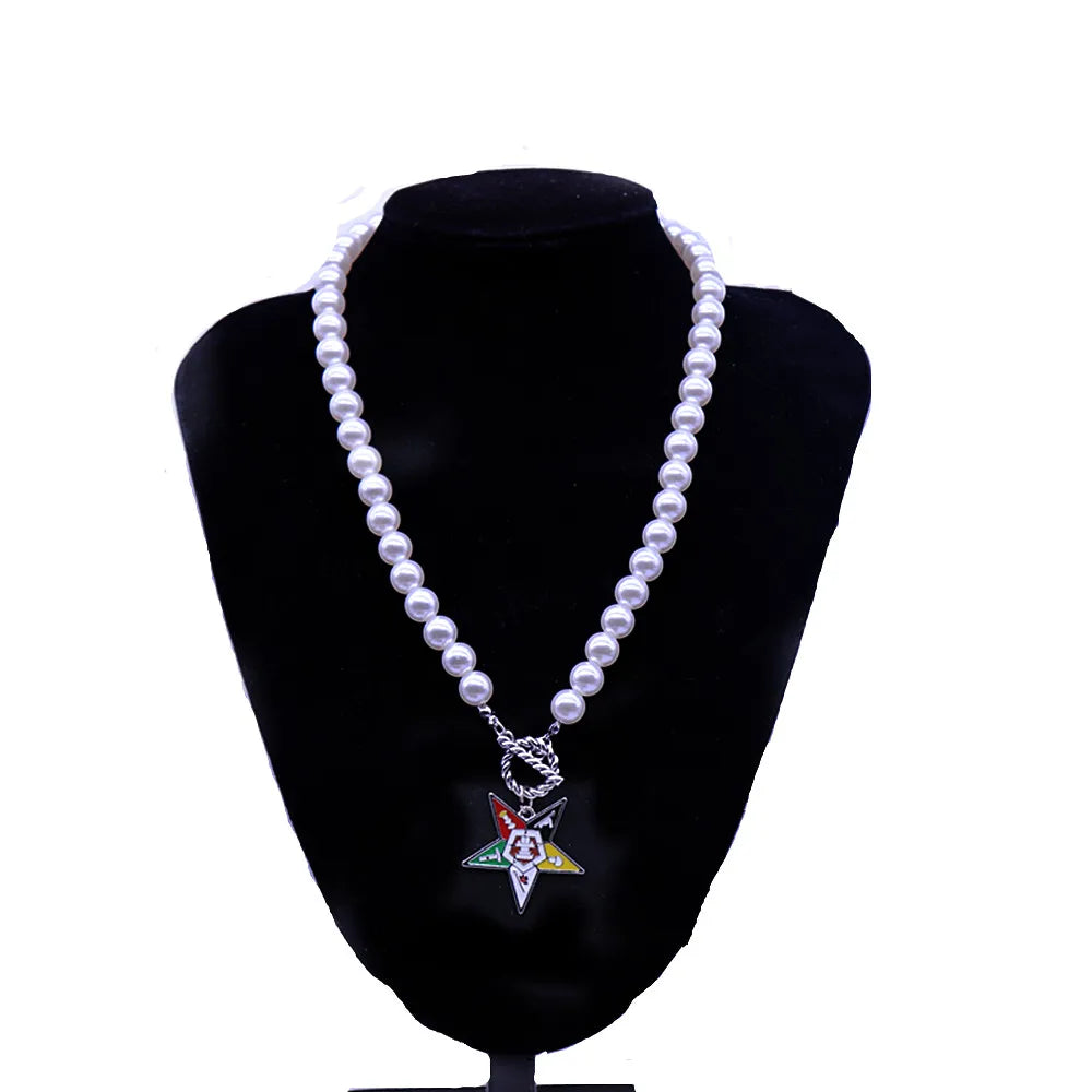 OES Necklace - White Beads With Star Charm - Bricks Masons