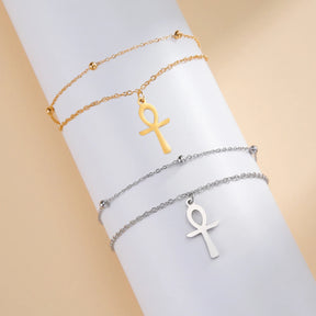 Ancient Egypt Anklet - Double Layer Ankh Cross Stainless Steel - Bricks Masons