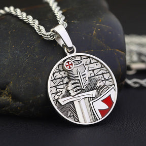 Knights Templar Necklace - Sterling Silver Shield & Sword With Red Cross